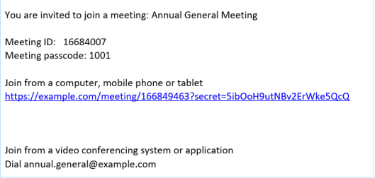 Sample email invite shows meeting ID, passcode, and meeting link