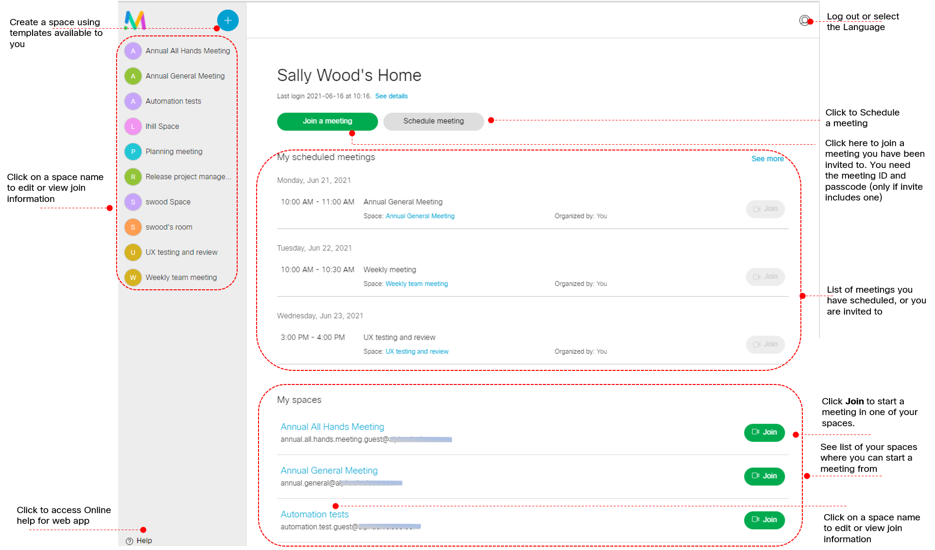 Web app UI shows spaces, scheduled meetings, join and schedule meeting options